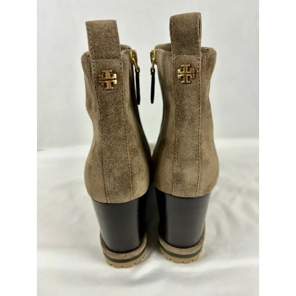 Tory Burch Wedge Boot River Rock Tan Brown Suede 8.5 M Lug Sole